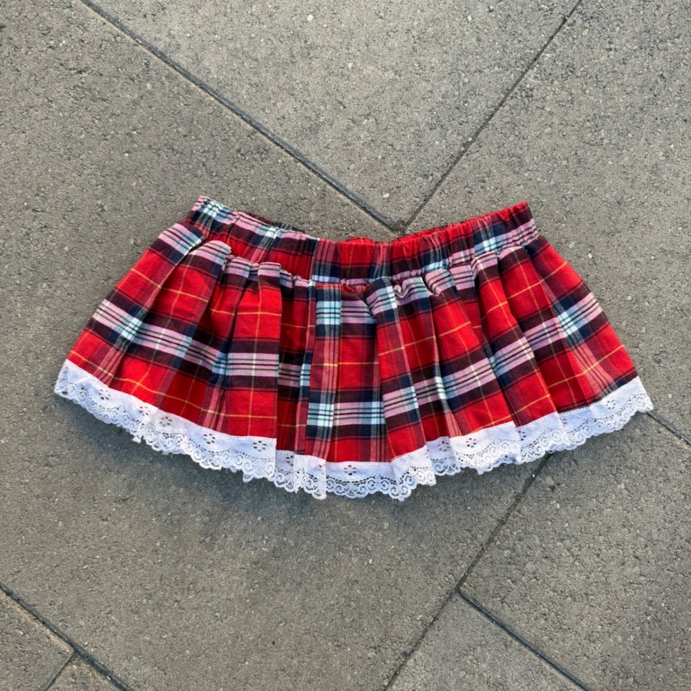 Red Plaid Micro Mini Skirt Lace Trim Pleated Tartan Punk Schoolgirl Skirt